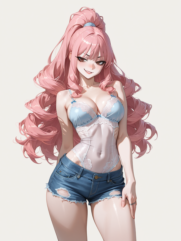 Anime-style woman with long pink hair, wearing lace bra and denim shorts against plain background.