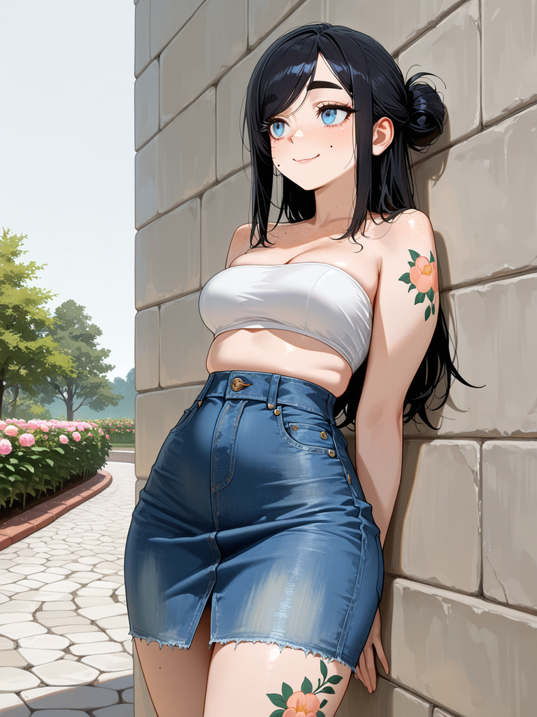 Anime-style woman with black hair and blue eyes, leaning against a stone wall with floral tattoos.