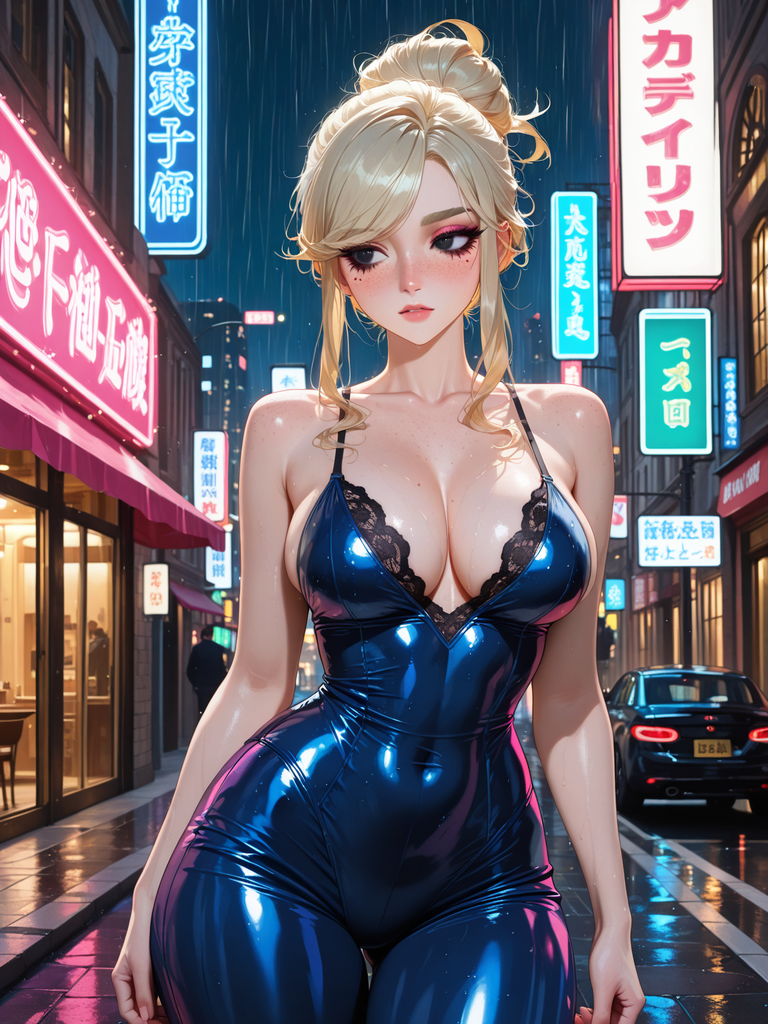 Anime woman in shiny blue bodysuit on rainy city street at night