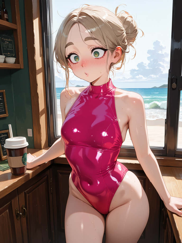Anime-style character in shiny pink swimsuit by window with ocean view
