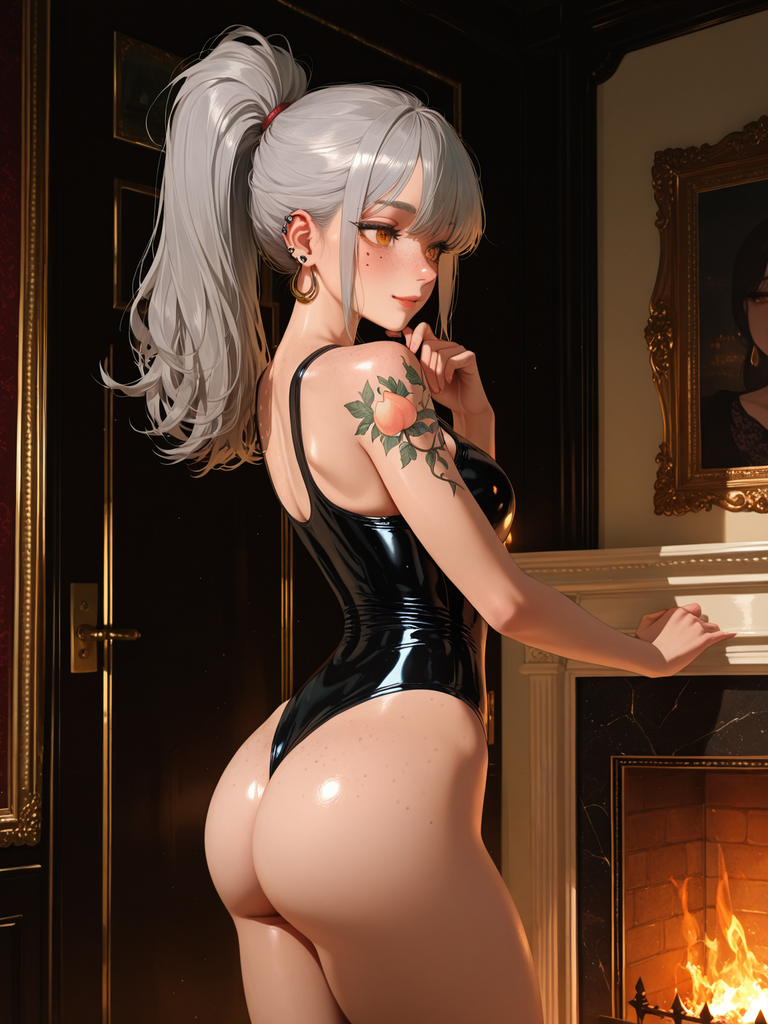 Anime-style woman with silver ponytail and peach tattoo, wearing black bodysuit near fireplace