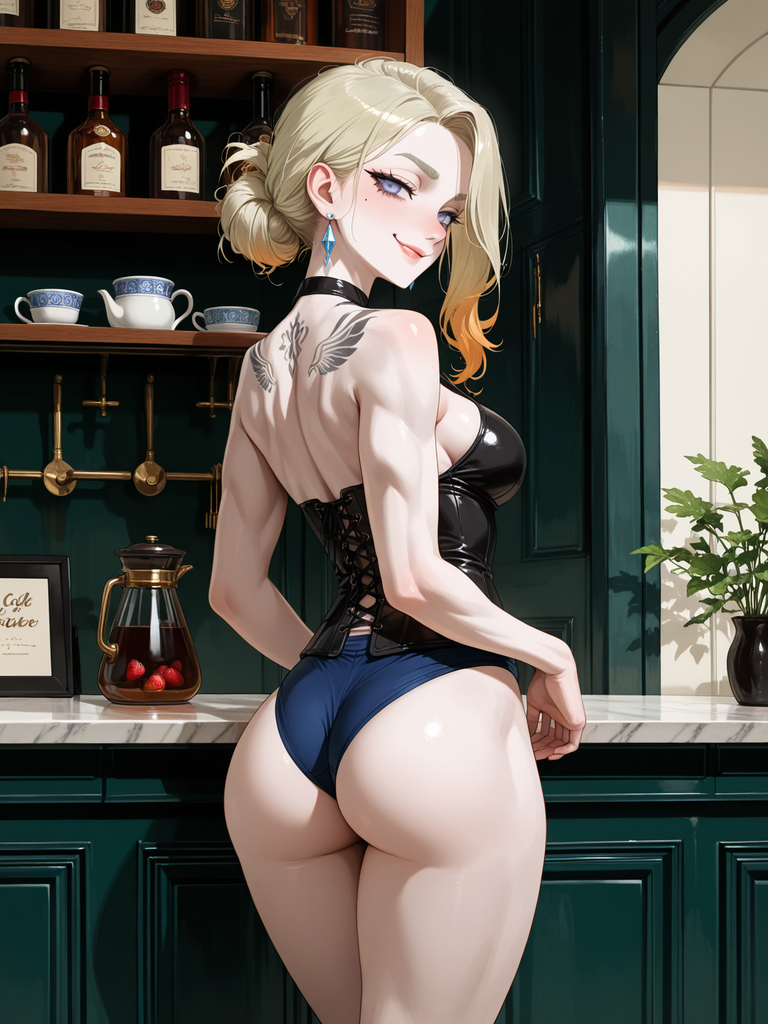 Anime-style woman with blonde hair in a bun, wearing black corset and blue shorts, leaning on a counter with shelves behind.