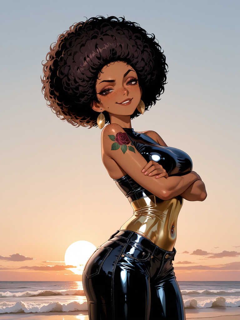 Anime-style woman with curly dark hair and rose tattoo, arms crossed on beach at sunset