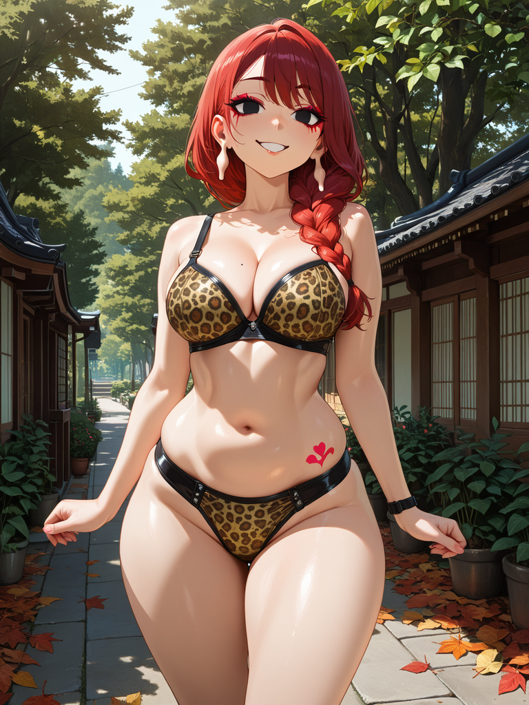Red-haired anime woman in leopard-print bikini, smiling outdoors on a leaf-strewn path.