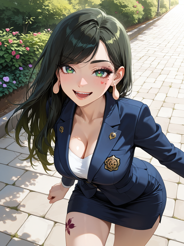 Anime woman with long dark hair and green eyes, smiling in a blue suit on a sunlit path.