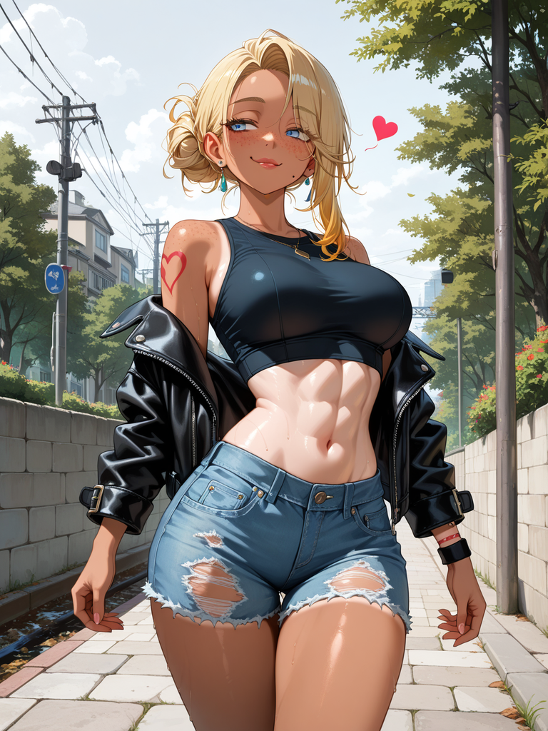 Blonde anime woman in black crop top and ripped denim shorts, walking outdoors with a heart tattoo visible.
