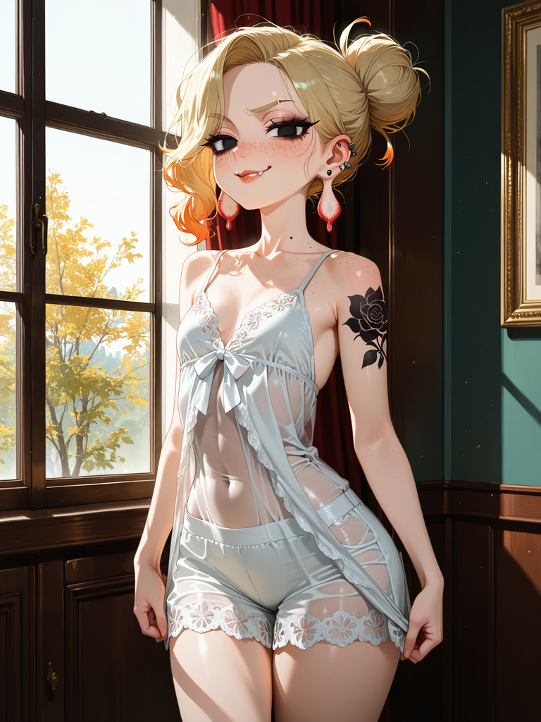 Anime-style woman with blonde hair in a bun, wearing light blue lace lingerie, standing by a sunlit window.
