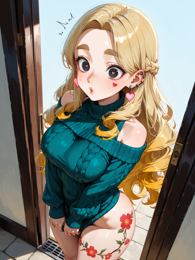 Blonde anime character in teal sweater with floral thigh art, peeking through doorway