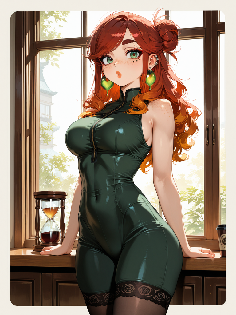 Anime-style woman with red hair and green eyes in a dark green bodysuit, leaning on a windowsill with an hourglass nearby.