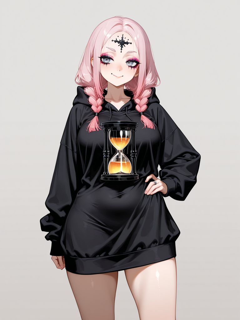 Pink-haired anime character in black hoodie with hourglass graphic, smiling with hand on hip.