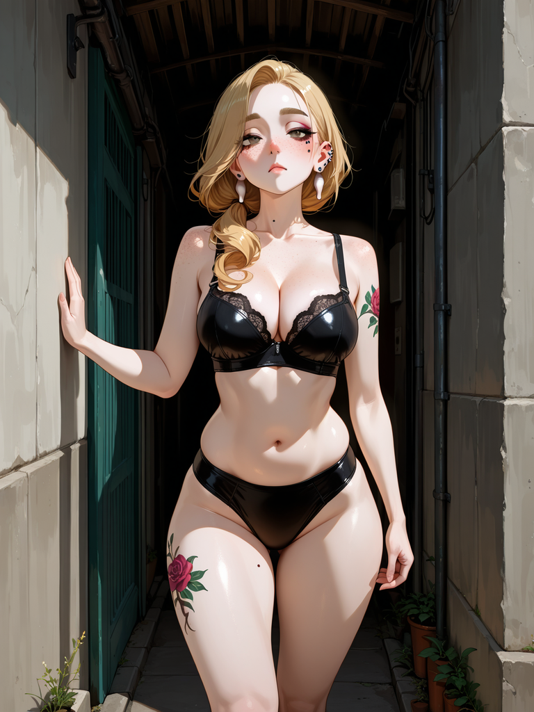 Anime-style woman in black lingerie with rose tattoos, standing in a sunlit alley.