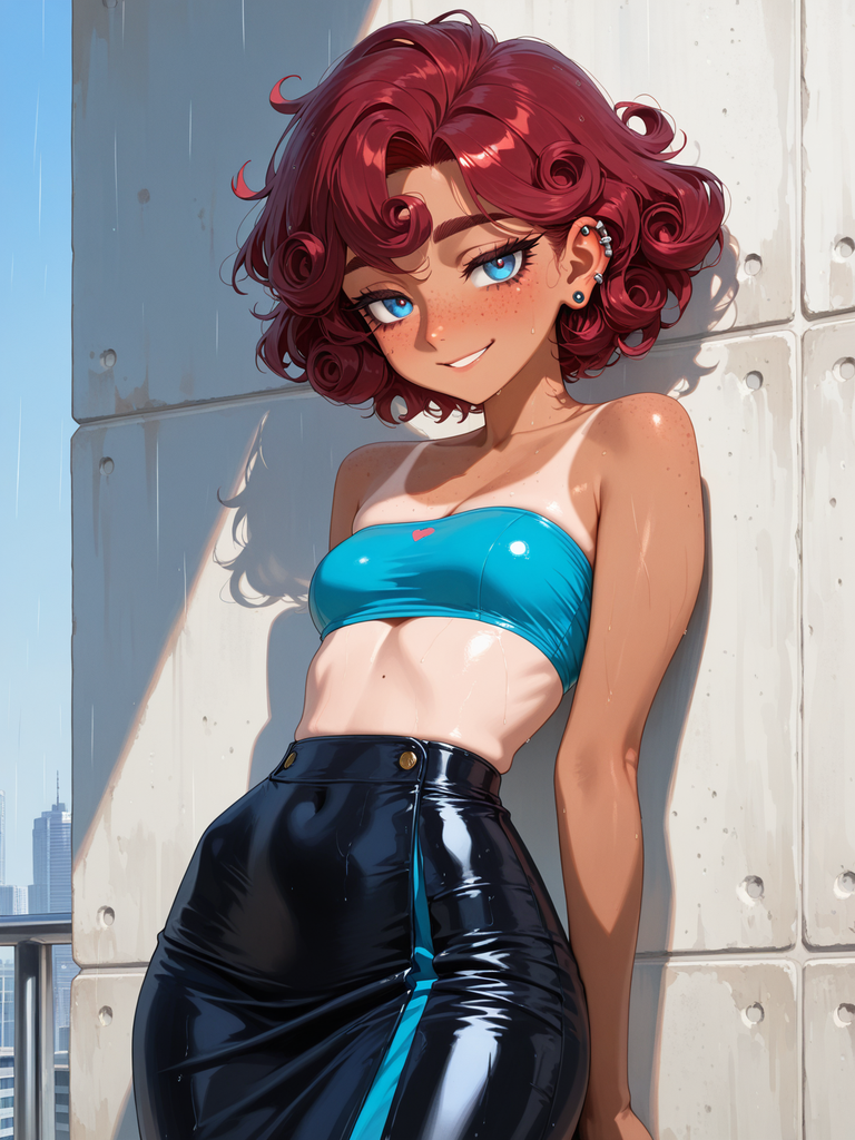 Anime-style character with curly red hair, blue eyes, and a bright blue top, leaning against a wall in rain.
