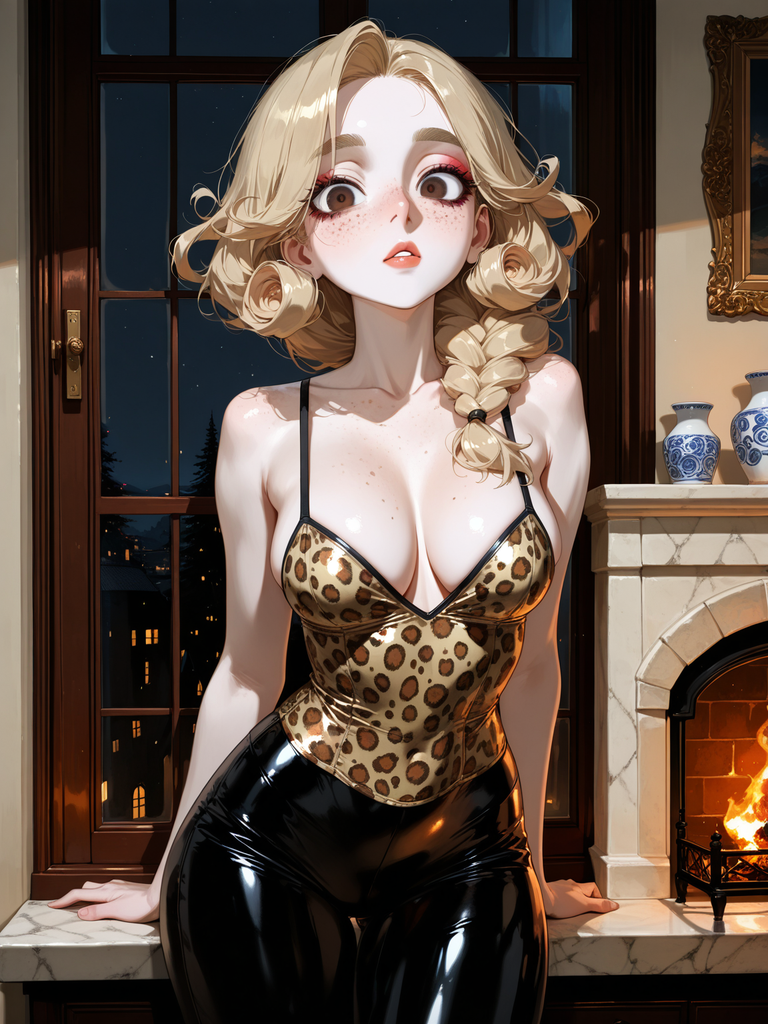 Blonde anime woman in leopard top and black pants, leaning by a fireplace at night.