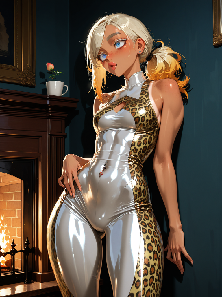 Anime-style woman with blonde hair in a ponytail, wearing a shiny silver and leopard-print bodysuit, standing near a fireplace.