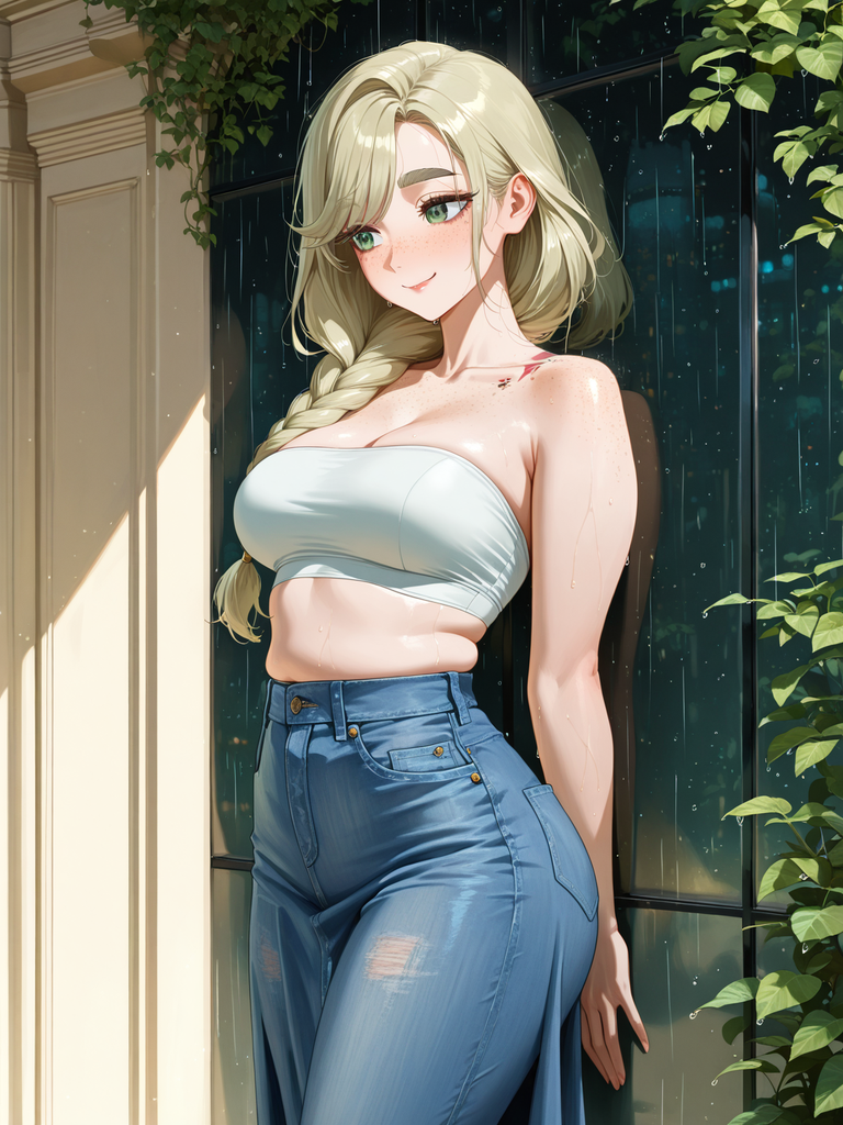 Anime-style blonde with braid, green eyes, in white top and blue jeans, leaning by window with rain and vines.