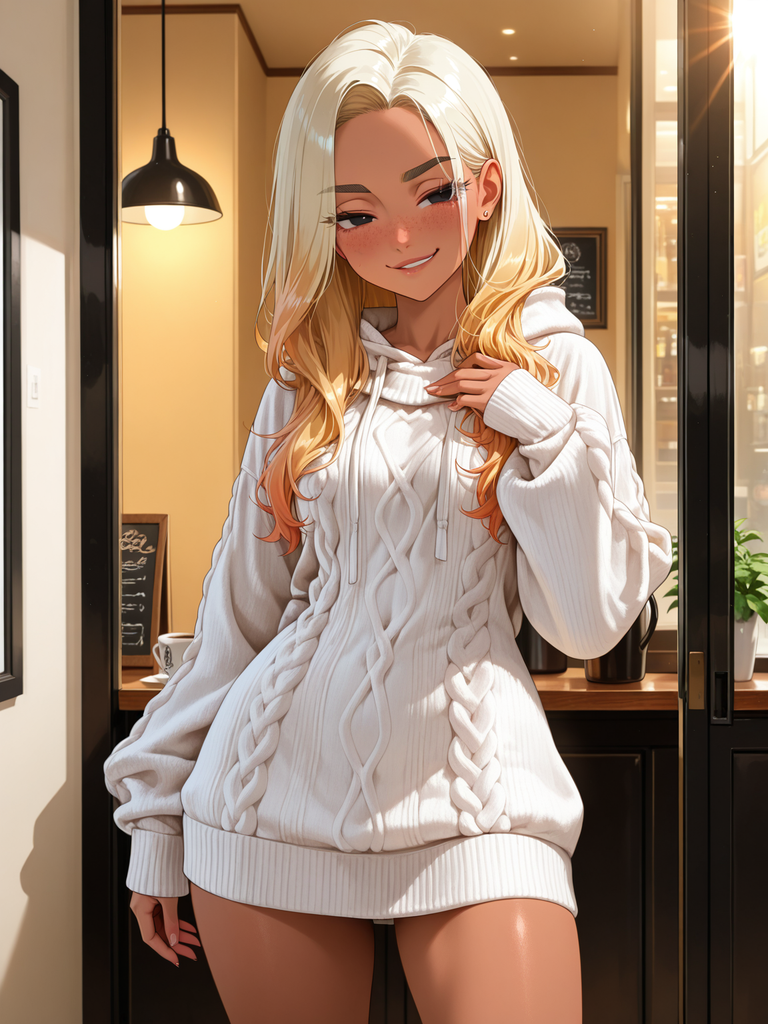 Anime-style blonde with white cable-knit hoodie, smiling softly in a warmly lit interior.