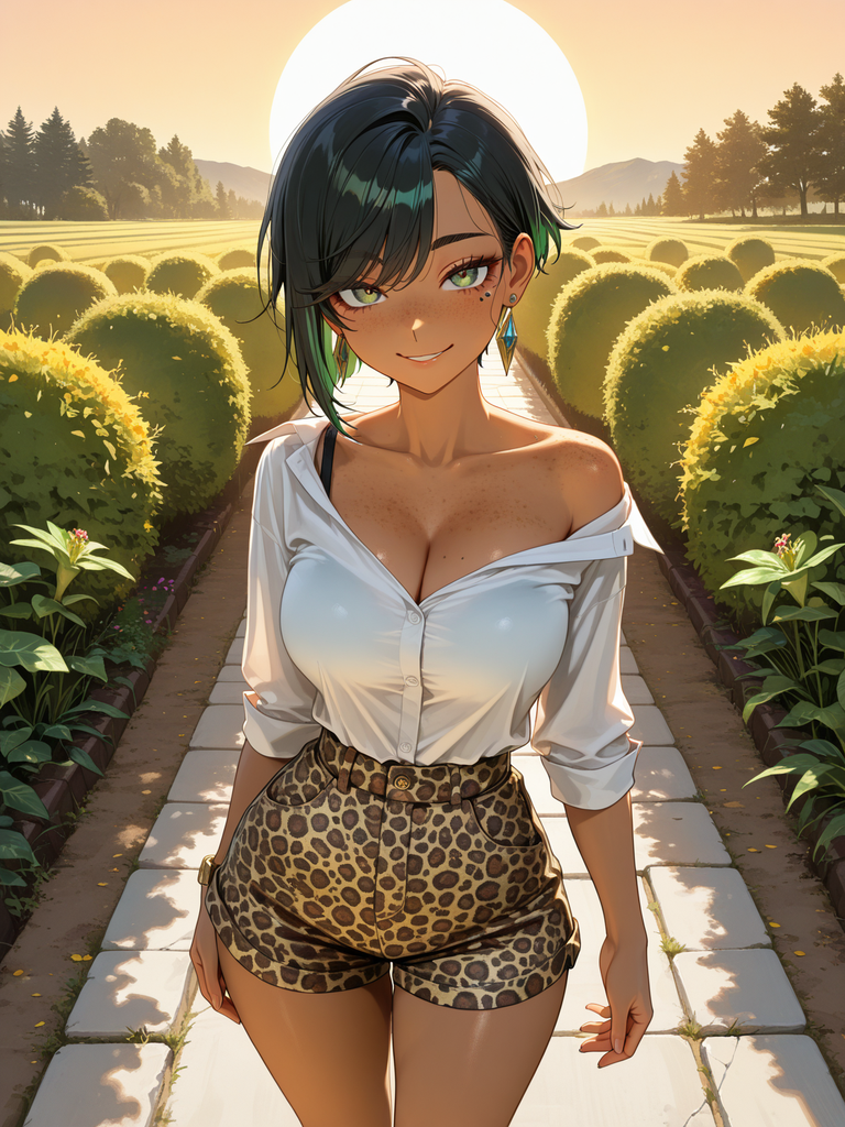 Anime-style woman with dark hair and green eyes, wearing a white shirt and leopard shorts, standing on a garden path at sunset.