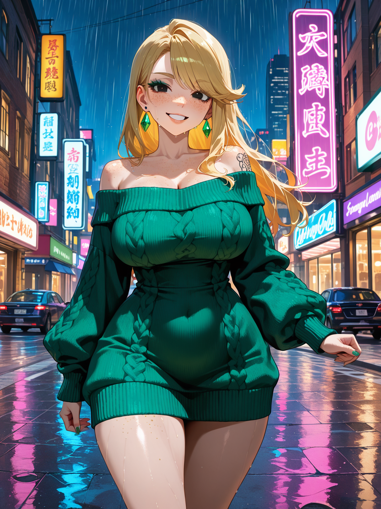 Blonde anime woman in green off-shoulder dress on rainy neon street