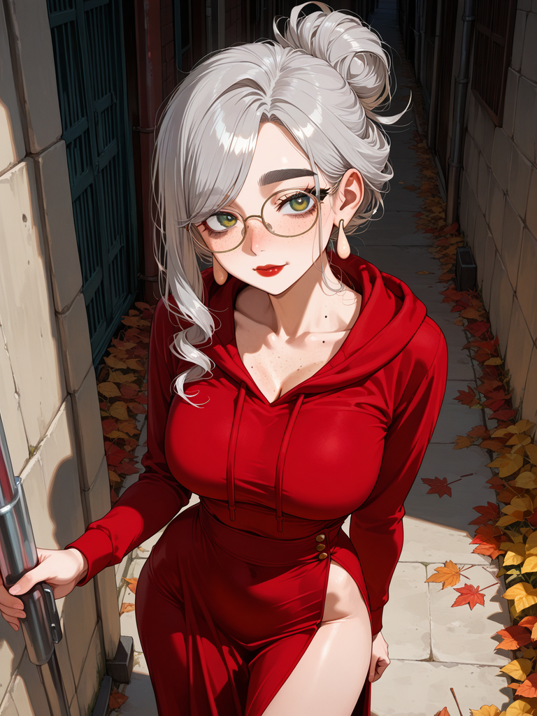 Anime woman with silver hair and glasses in red hoodie, holding pole in alley with autumn leaves