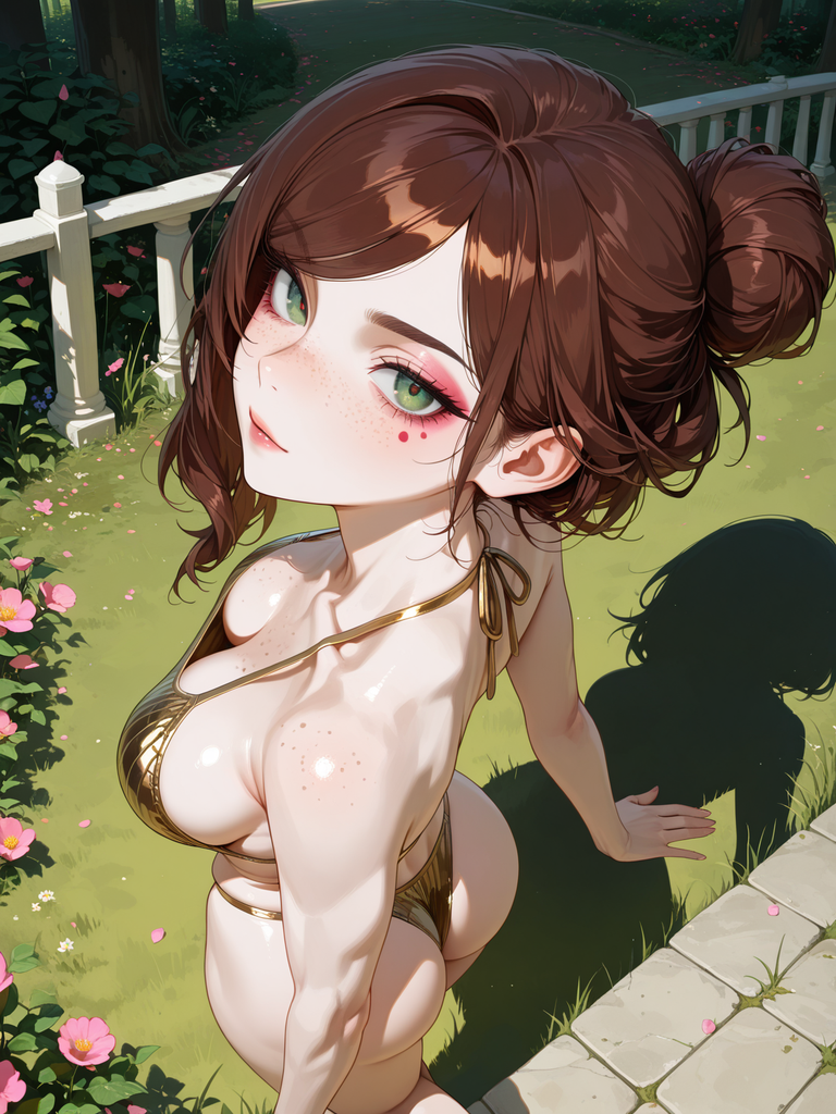 Anime-style girl with brown hair in a bun, green eyes, and gold bikini, crouching in a garden with pink flowers.