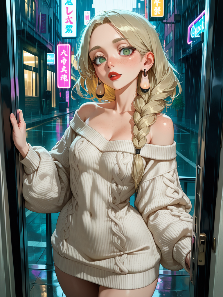 Blonde anime woman in off-shoulder sweater, standing in neon-lit doorway