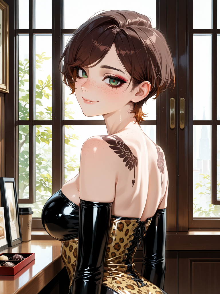 Anime-style woman with short brown hair, green eyes, and wing tattoos, wearing a leopard corset and black gloves near a window.