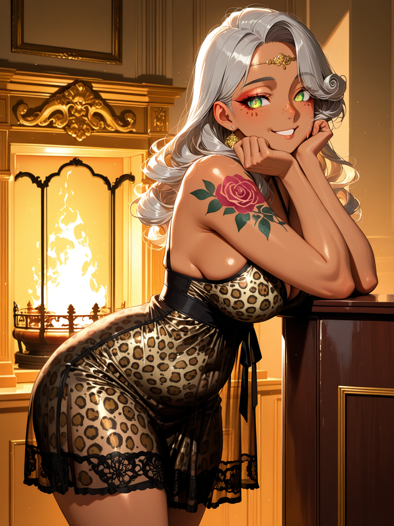 Anime-style woman with silver hair and green eyes, wearing leopard print lingerie, leaning on a surface near a fireplace.