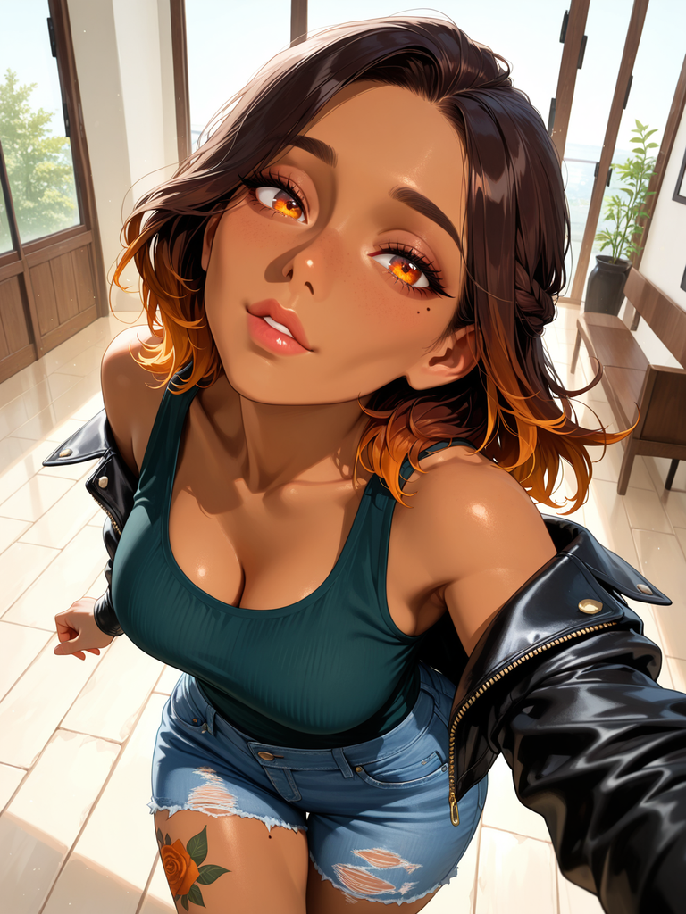 Anime-style portrait of a person with brown and orange hair, wearing a green top and denim shorts, taking a selfie indoors.