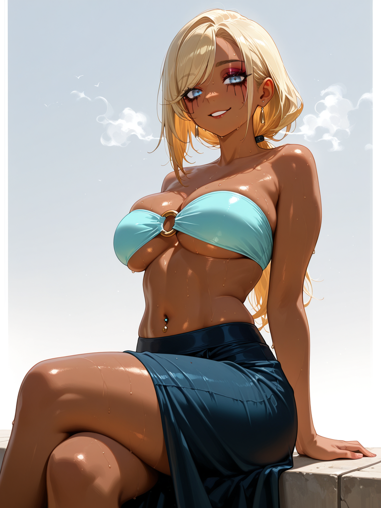 Anime-style woman with blonde hair in a blue bikini top, sitting outdoors with water droplets on her skin.