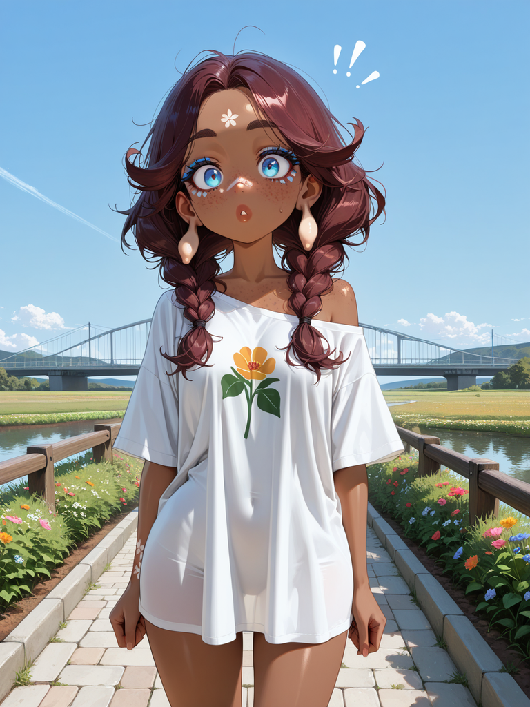 Anime girl with braided brown hair and blue eyes, wearing a white flower shirt, standing on a path with flowers and a bridge behind.