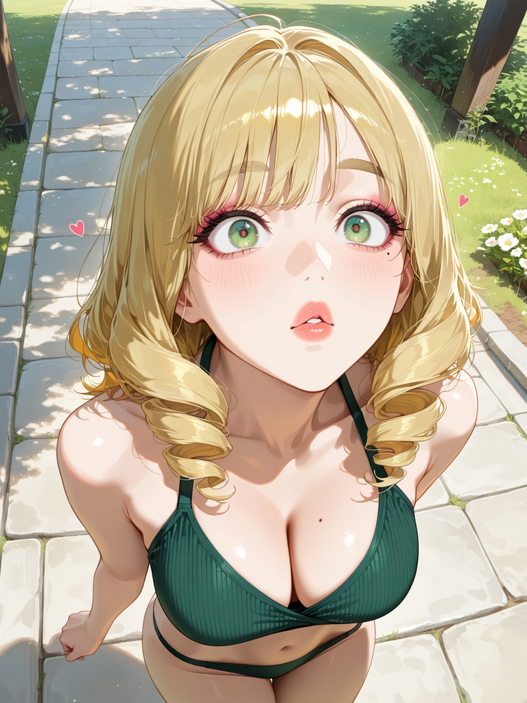 Blonde anime girl in green bikini on stone path, looking up with green eyes