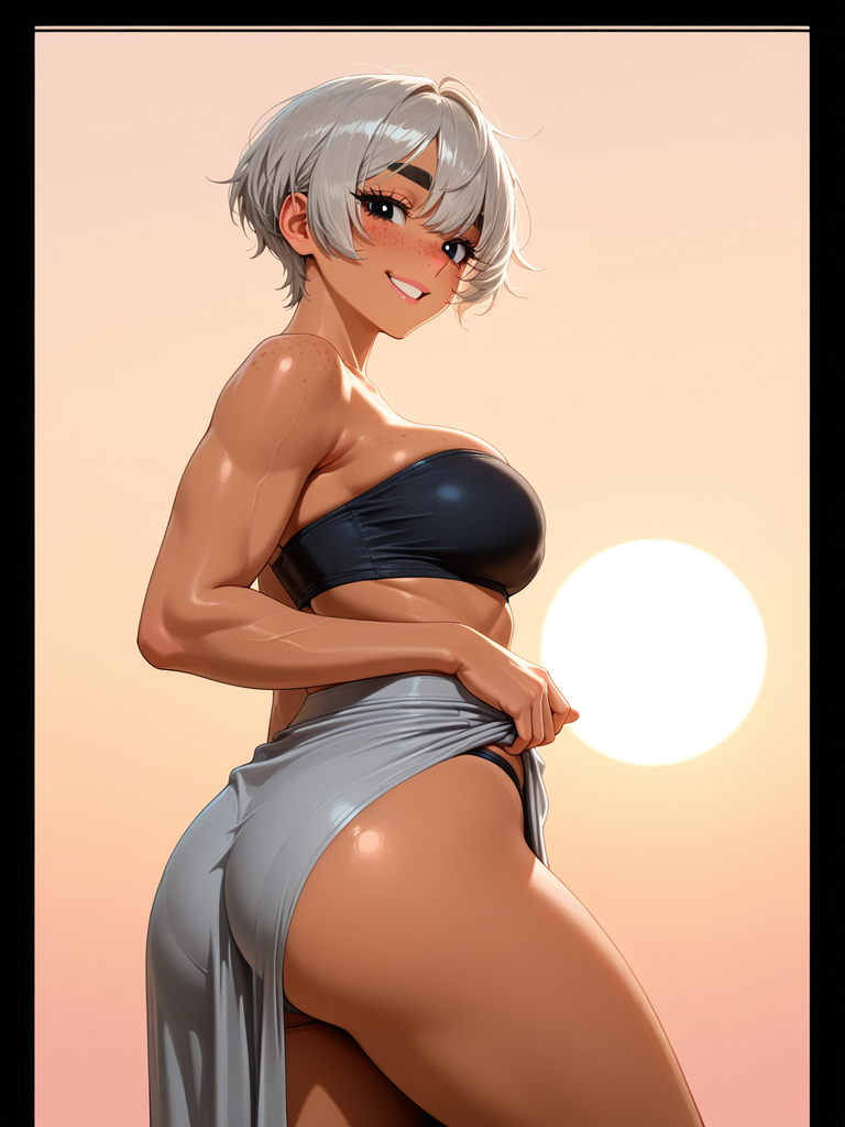 Anime-style character with short silver hair, wearing a black top and gray wrap, against a warm sunset background.