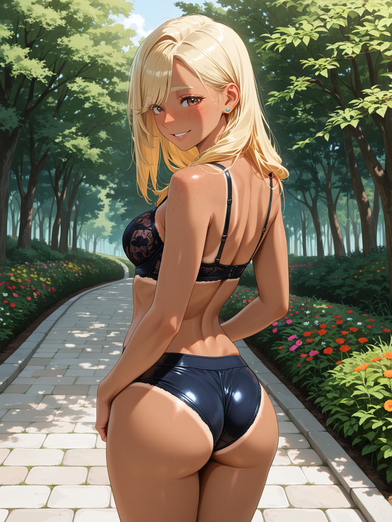 Blonde anime woman in black lace top and shiny shorts on a garden path