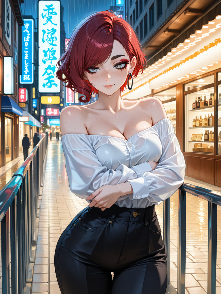 Red-haired anime woman in off-shoulder blouse leaning on railing in neon-lit street