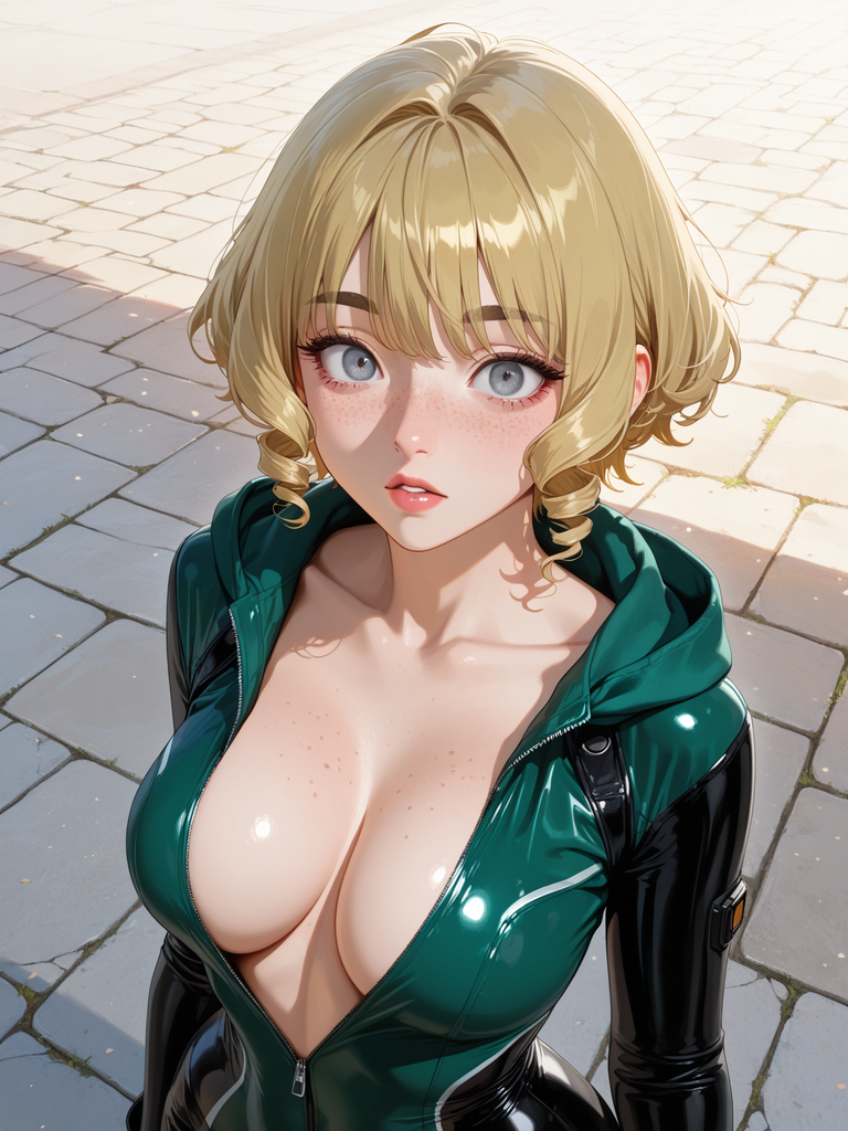 Blonde anime character in shiny green and black suit on stone pavement