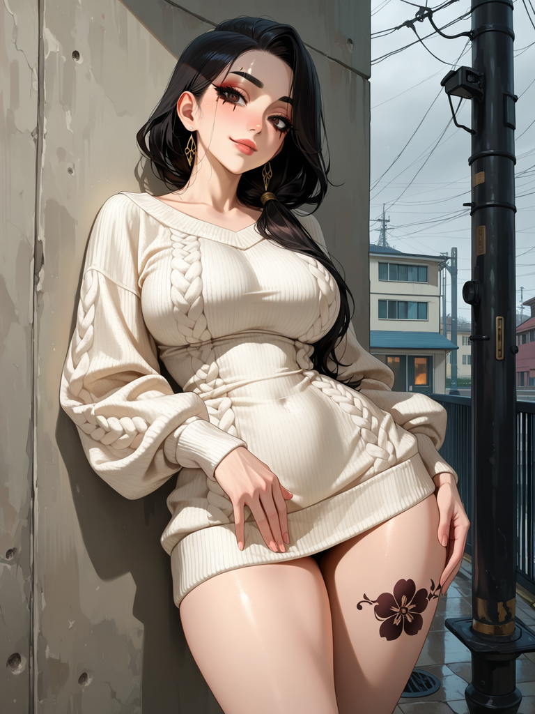 Anime woman in cream sweater leaning against wall with flower tattoo on thigh