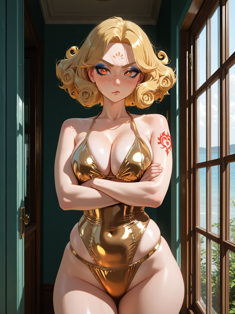 Anime-style woman with curly blonde hair in a gold swimsuit, arms crossed near a window.