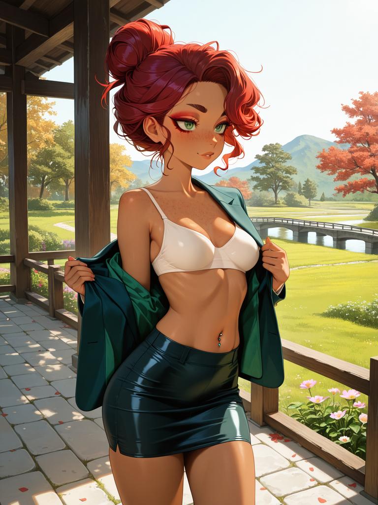 Anime-style woman with red hair in a bun, wearing a white top and green skirt, standing on a porch with a scenic garden view.
