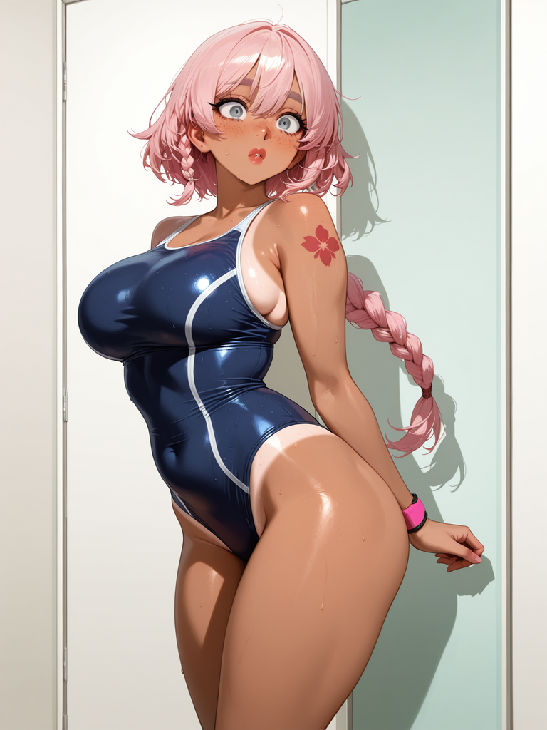 Pink-haired anime character in shiny blue swimsuit with flower tattoo, leaning against a wall.