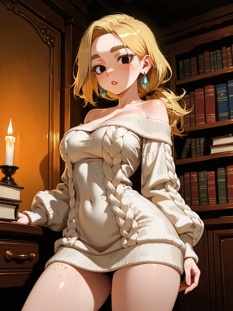 Blonde anime character in off-shoulder sweater, seated near candle and bookshelf