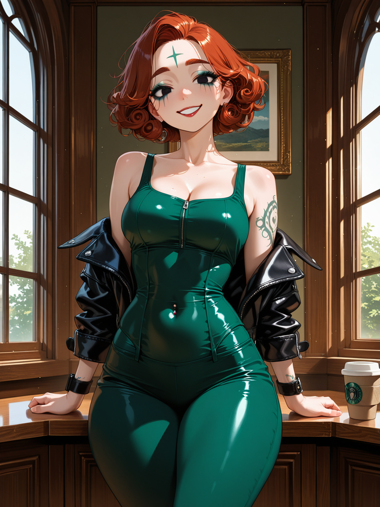 Anime-style woman with curly red hair, green bodysuit, and black jacket, smiling by a window.