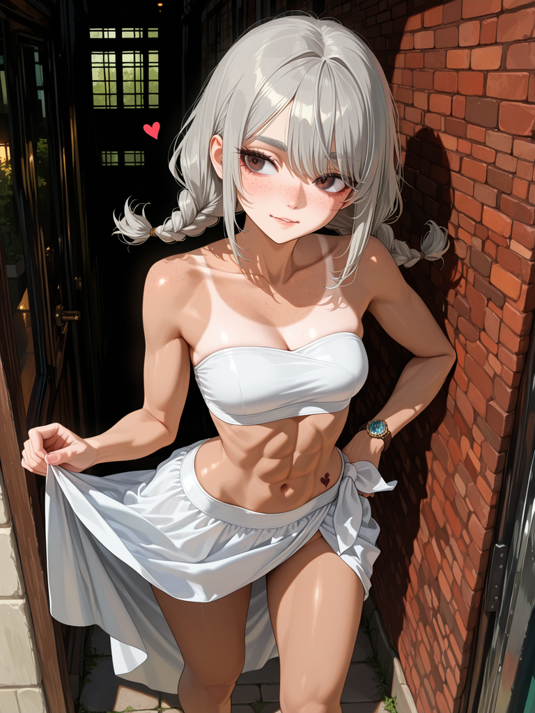Silver-haired anime character in white strapless top and skirt, leaning against brick wall with heart icon.