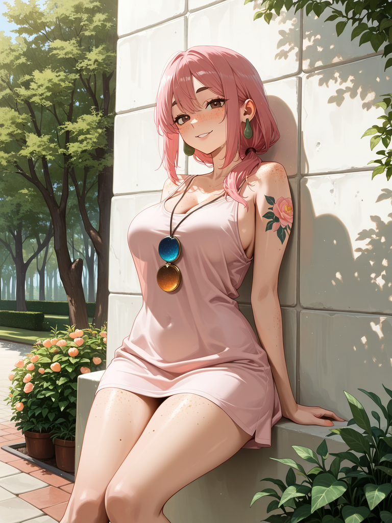 Pink-haired anime woman in pink dress leaning against a wall with flowers nearby