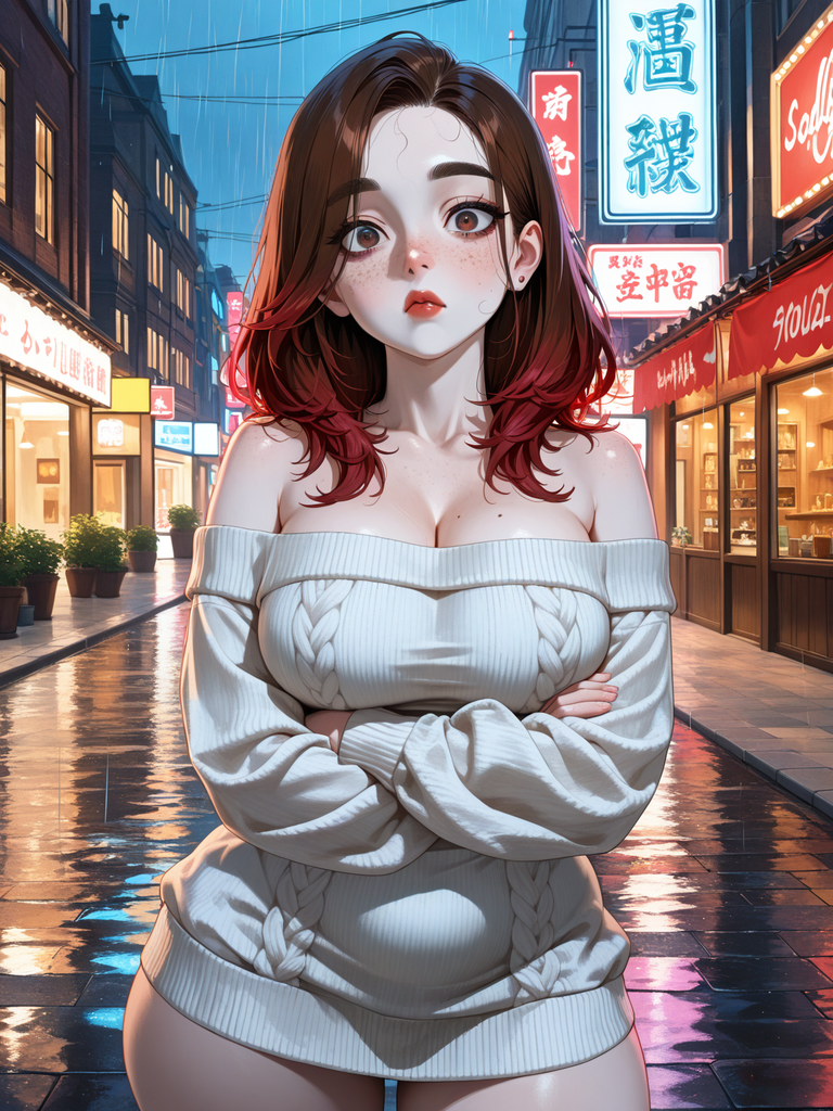 Anime-style woman with red-tipped hair in white sweater, arms crossed on rainy city street at night.