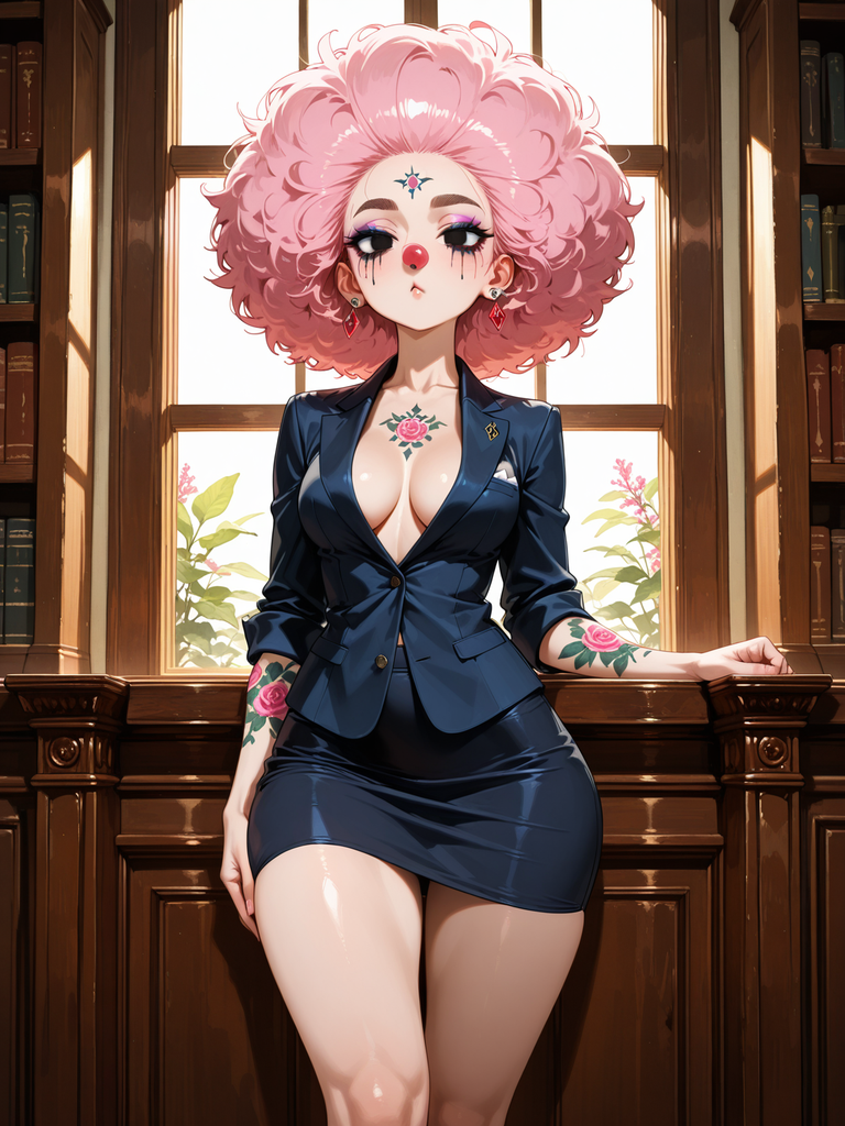 Pink-haired anime character in dark suit leaning on wooden railing near window