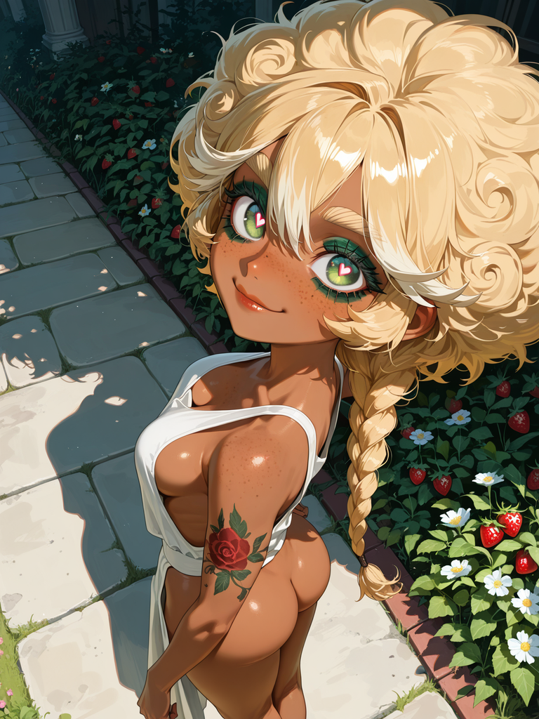 Anime-style blonde with green eyes and rose tattoo, smiling beside strawberry plants.
