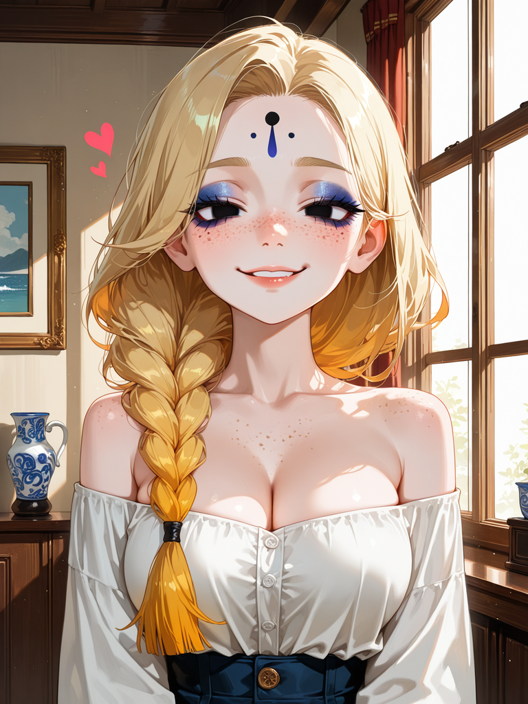 Anime-style blonde with braid, blue eye makeup, and off-shoulder top near window