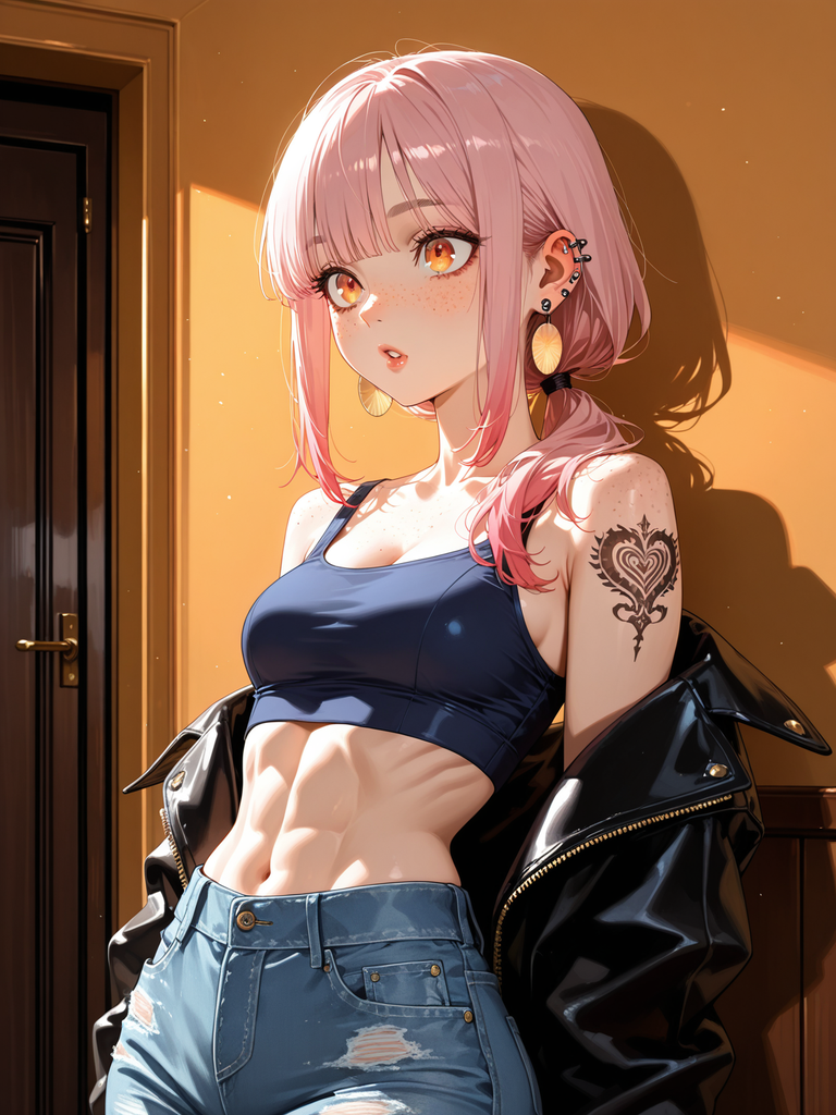 Pink-haired anime character with heart tattoo, wearing crop top and denim, leaning near a door.