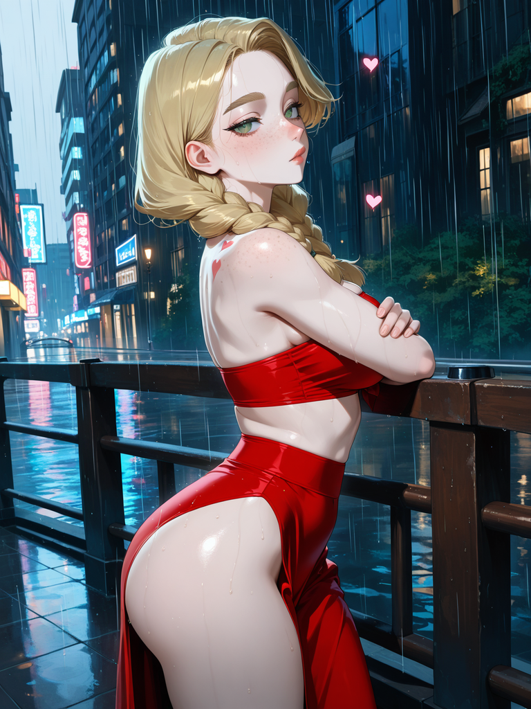 Anime woman with blonde braids in red outfit, leaning on railing in rainy city night.