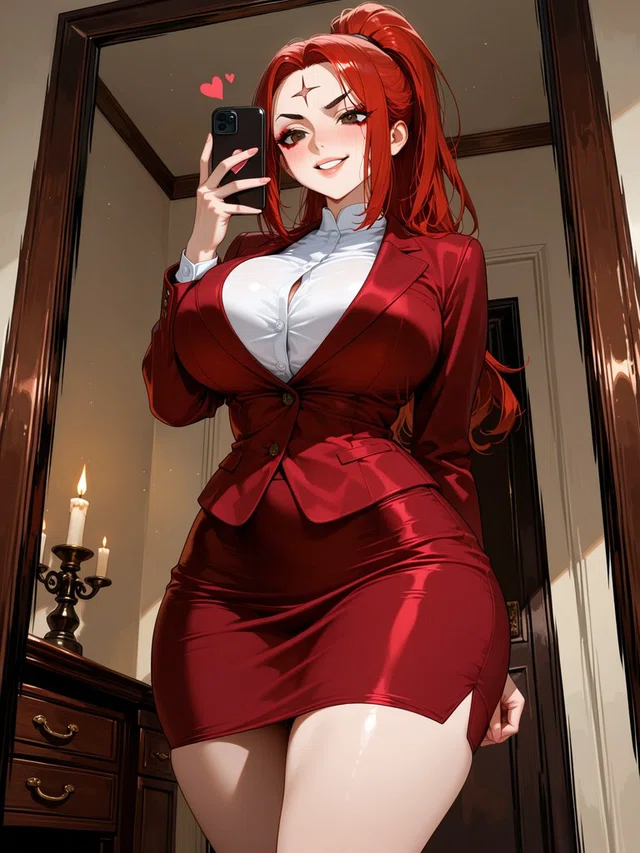 Smiling red-haired anime character taking a mirror selfie in a red skirt suit and white blouse, with candles nearby.